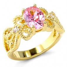 Jewellery: 18k Yellow Gold Plated Filagree Ring 1.1ct Pink CZ