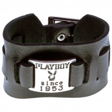 Playboy - Metal Logo Black Leather Wristband