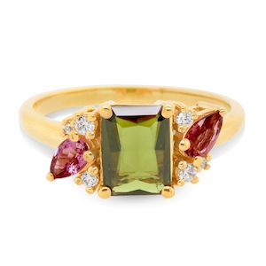 Watch: 9K Yellow Gold Green Tourmaline, Pink Tourmaline & Diamond Ring