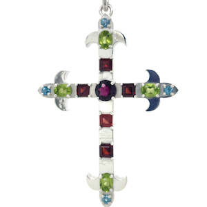 Stg Silver Cross Pendant Garnet,Peridot, Rhodolite Garnet