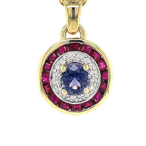 Watch: 18K Yellow Gold 1.33ct Purple Spinel, Ruby & Diamond Pendant