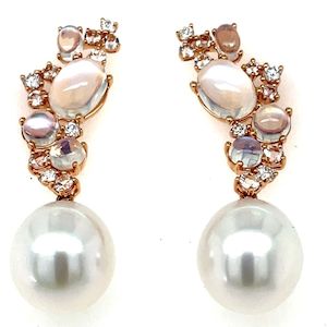 Watch: Autore 18K Rose Gold South Seas Pearls, Moonstone, Morganite & Diamond Earrings