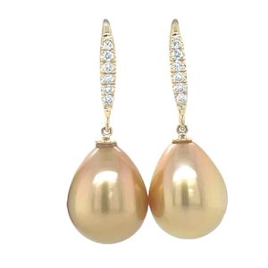 18K Yellow Gold 11.5-12mm Gold South Sea Pearls & 0.20ct Diamonds Hook Earrings