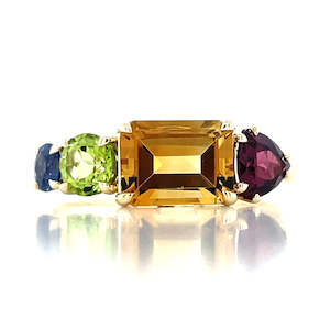 9k Yellow Gold Citrine, Rhodolite Garnet,Peridot & Sapphire Ring