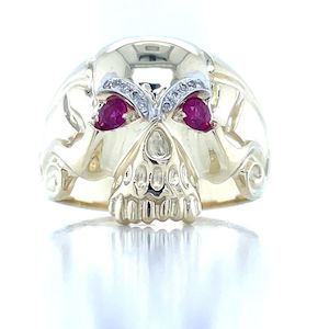 9K Yellow Gold Ruby & Diamond Skull Ring