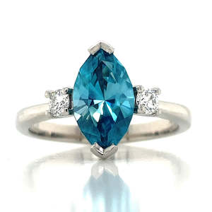 'Celeste" Platinum 2.54ct Marquise Blue Zircon & Diamond Ring