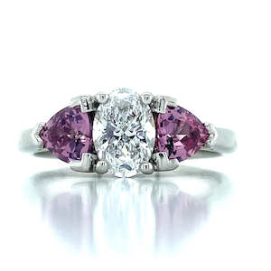 'Isabeau' Platinum 0.81ct Oval Diamond & Padparadscha Sapphires Ring