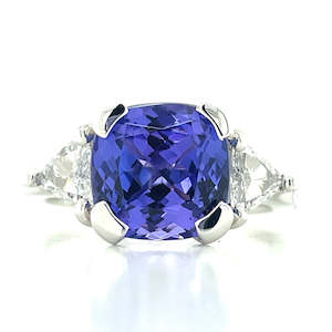 Platinum 4.30ct Cushion Tanzanite & Trillion Diamonds Ring