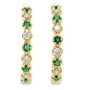 9k Yellow Gold Emeralds & Diamonds Hoop Earrings