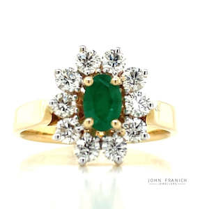 Watch: 9k Gold 0.46ct Oval Emerald & Diamonds Cluster Rng