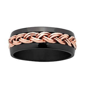 Black Zirconium 8mm Band Ring with 9k Rose Gold Celtic Pattern Inlay