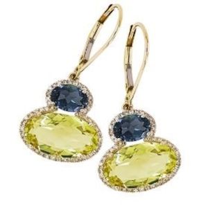 9K Yellow Gold Lemon Quartz, London Blue Topaz & Diamond Earrings