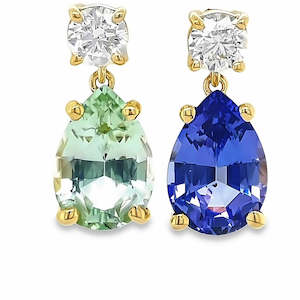 18k Yellow Gold Reverse Pair Tanzanite,Tourmaline & Diamond Earrings