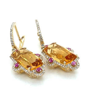 9k Yellow Gold Octagonal Citrine, Pink Sapphire & Diamond Huggie Earrings