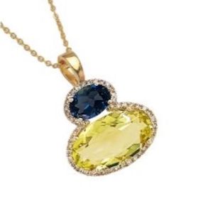 9K Yellow Gold Lemon Quartz, London Blue Topaz & Diamond Enhancer Pendant