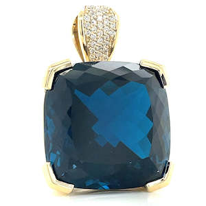 'Maverick' 9kYellow Gold 68.95ct London Blue Topaz Pendant w Diamond Bale