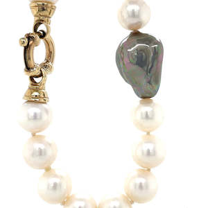 Watch: Single Strand 9K Yellow Gold White & Baroque Mashori FW Pearl Necklace