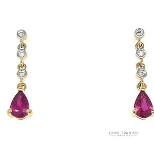 18k Yellow Gold Rubies & Diamonds Drop Earrings