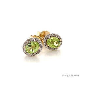 9k Yellow Gold Peridot & Diamond Cluster Stud Earrings