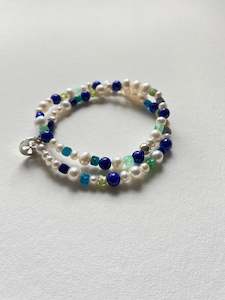 Jewellery: Gemstone and Pearl Wrap Bracelet - Lapis