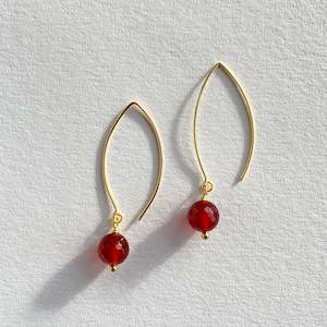 Red Agate Gold Long Hook Earrings