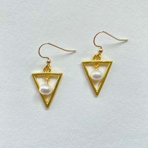 Triangle Gold Pearl Charm Earrings