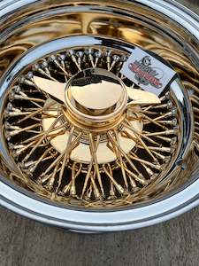 Gold  / Chrome lip 13x7 cross lace wire wheels