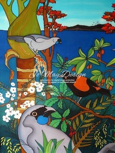 Art Print Kokako & Saddlebacks in Nikau 2057