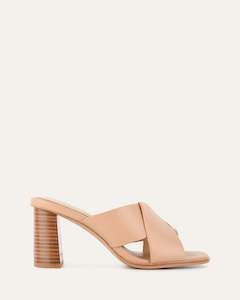 Carrie Mid Heel Sandals Beige Leather