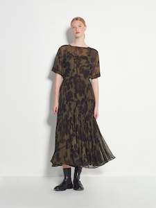 Paris Pleat Dress (Midnight Flora) Moss