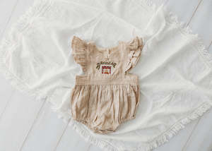 Child of Mine Embroidered Linen Oak Romper (Cosy Fireplace)