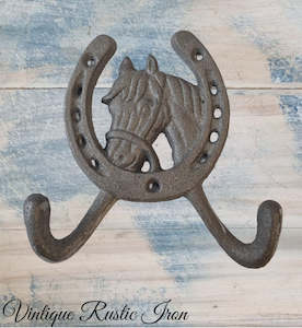 Cast Iron Horse & Horseshoe Double Prong coathook