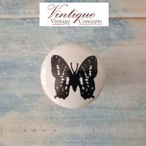 White Ceramic drawer or cabinet Knob Lovely Butterfly 35mm Dia