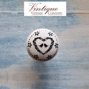 White Ceramic furniture Knob Love heart with Doves 35mm Dia