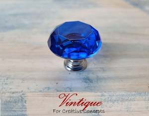 Crystal Glass Cabinet Drawer Knob Sapphire Blue with Chrome Base 30mm Dia