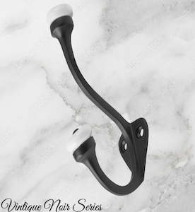 Matt Black Victorian Coat & Hat Hook W/Porcelian 115mm x 75mm