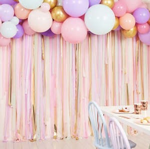 Balloon Backdrop with Pastel and Gold Streamers