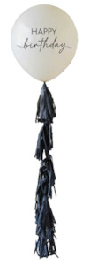 Hens Party Theme: Champagne Noir Happy Birthday Balloon with Black Tassel Tail