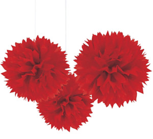 Red Fluffy Pom Pom Decorations 3pk