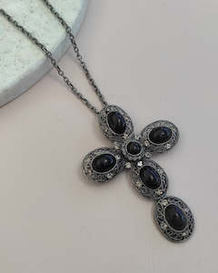 SAMPLE Jet Agate Cross Pendant Necklace 80cm