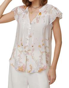 Womenswear: Cyrene Flutter Sleeve V Neck Top in White Floral