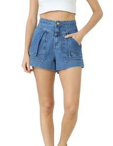 Womenswear: Crimson Contrast Stitch Pocket Shorts in Mid Blue