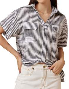 Womenswear: Melia Scoop Front Short Sleeve Shirt in Grey Stripe