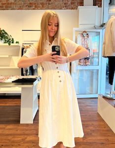 Kris Short Sleeve Button Down Midi Dress in White