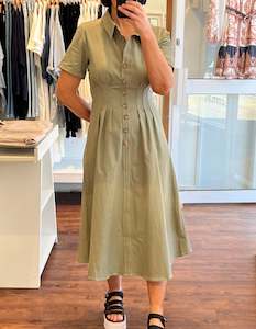 Kris Short Sleeve Button Down Midi Dress in Khaki