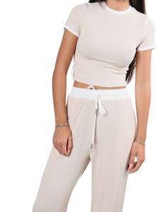 Lumas Crew Neck Stretch Crop Top in Beige