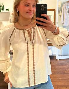 Mink Ric-Rac Trim Boho Blouse in Cream