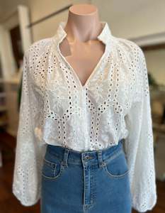 Rio V Neck Top in White Broderie Anglaise