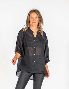 River Button Down Collarless Sheer Linen Shirt in Black