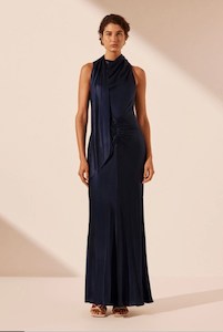 Lino Scarf Neck Maxi Dress – Deep Midnight